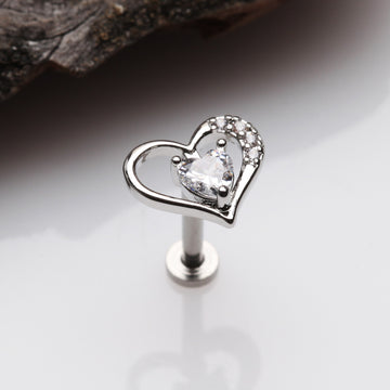 Detail View 1 of Journey Heart Solitaire Sparkle Internally Threaded Labret-Clear Gem